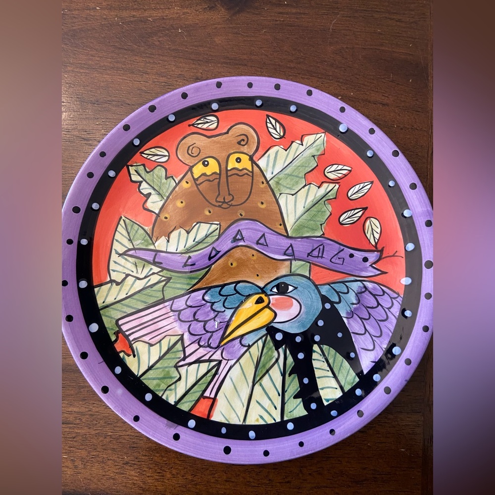 Vtg Kitschy Laurel Burch plate Monkey Bird 8” Folk Art Novelty Art Nouveau